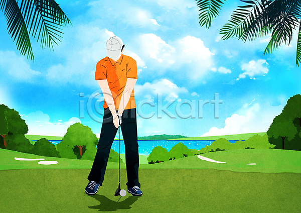 남자 성인 성인남자한명만 한명 PSD 일러스트 골프 골프공 골프장 골프채 구름(자연) 나무 들기 서기 야자수잎 연두색 전신 필드 하늘 하늘색