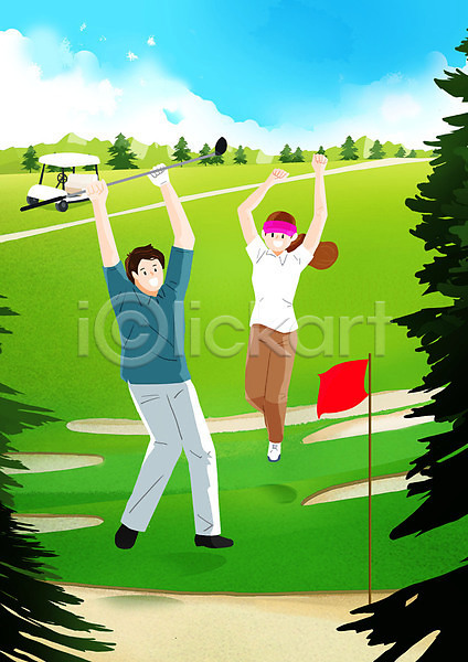 기쁨 남자 두명 성인 성인만 여자 PSD 일러스트 골프 골프깃발 골프장 골프채 골프카트 구름(자연) 나무 들기 만세 연두색 우승 전신 점프 캐디 필드 하늘