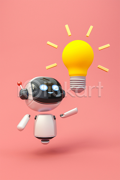 아이디어 사람없음 3D PSD 디지털합성 편집이미지 3D캐릭터 AI(인공지능) 로봇 분홍색 빛 생각 전구 정보기술 채팅봇 편집 편집소스