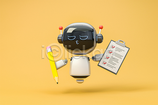 삐침 사람없음 3D PSD 디지털합성 편집이미지 3D캐릭터 AI(인공지능) 노란색 들기 로봇 문서 서류판 연필 정보기술 채팅봇 체크리스트 편집 편집소스