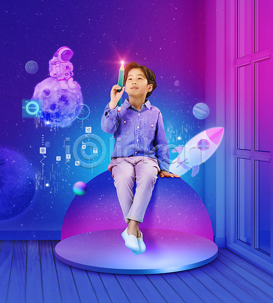 스마트 남자 두명 성인 소년 어린이 한국인 PSD 편집이미지 3D캐릭터 AI(인공지능) 들기 디지털산업 로켓 미래산업 보라색 앉기 어린이교육 연필 우주 우주비행사 우주선 전신 집안 창문 터치 행성 홀로그램