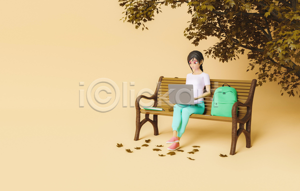 휴식 성인 성인여자한명만 여자 한명 3D JPG 포토 해외이미지 공원 나무 노트북 배낭 벤치 앉기 잎 전신 책 캐릭터 컨셉 학교 학생