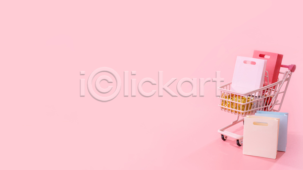 사람없음 JPG 포토 해외이미지 미니어처 분홍색배경 쇼핑 쇼핑백 쇼핑카 실내 오브젝트 카피스페이스