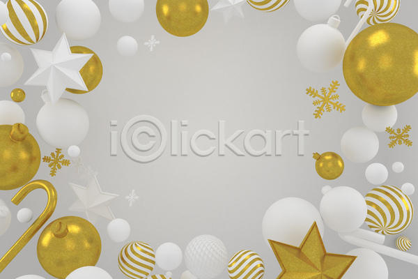 사람없음 3D JPG 디지털합성 포토 해외이미지 금색 눈꽃 눈송이 별 오너먼트 원형 입체도형 장식볼 크리스마스 크리스마스지팡이 프레임 흰색