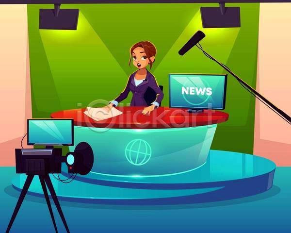 성인 성인여자한명만 여자 한명 EPS 일러스트 해외이미지 뉴스 뉴스룸 대본 마이크 모니터 방송 상반신 실내 아나운서 앉기 조명 카메라 탁자