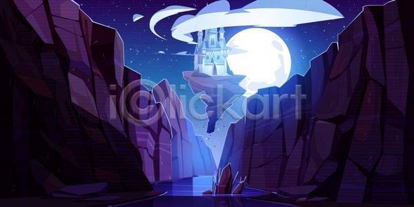 상상 사람없음 EPS 일러스트 해외이미지 건물 골짜기 구름(자연) 달 떠있는 마법 비행 섬 성 야간 야경 파란색
