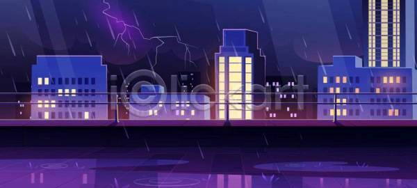 사람없음 EPS 일러스트 해외이미지 건물 도시 도시풍경 번개 보라색 비(날씨) 야간 야경