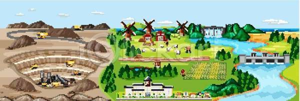 EPS 일러스트 해외이미지 그래픽 그림 글로벌 내추럴 농업 농장 댐 땅 땅파기 만화 발굴 밭일 백그라운드 산업 석탄 세계 숯 시골 식물 야외 업무 자연 장면 지구 지구본 지하 짐차 카트 클립아트 풍경 해외일러스트 행성 환경