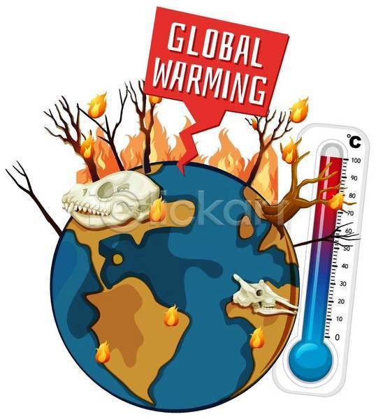 뜨거움 위험 지구온난화 환경오염 사람없음 EPS 일러스트 해외이미지 공룡뼈 기온상승 나무 말풍선 불 온도계 지구 클립아트