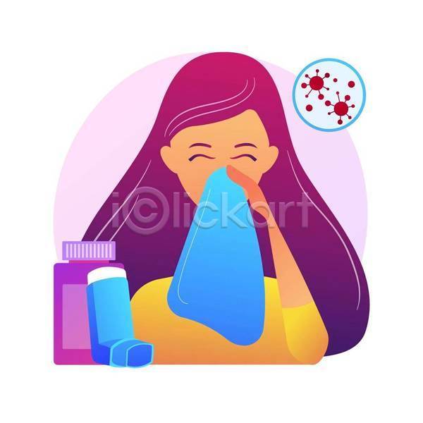 성인 성인여자한명만 여자 한명 EPS 일러스트 해외이미지 감기(질병) 눈감음 들기 바이러스 상반신 손수건 약병 코풀기