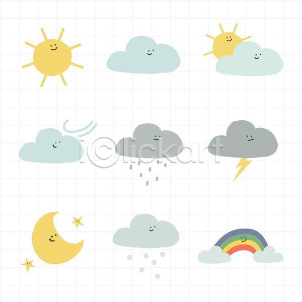 사람없음 EPS 일러스트 해외이미지 구름(자연) 눈(날씨) 달 무지개 바람 번개 비(날씨) 비구름 세트 스티커 태양