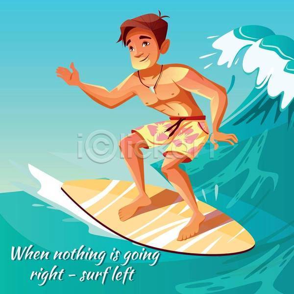 남자 성인 성인남자한명만 한명 EPS 일러스트 해외이미지 바다 서기 서퍼 서핑 서핑보드 손들기 여름(계절) 파도 파란색