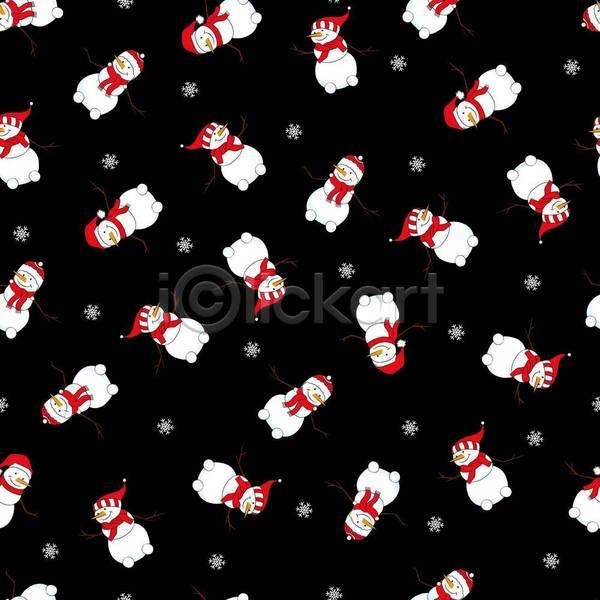 사람없음 JPG 일러스트 해외이미지 검은색 눈꽃 눈꽃무늬 눈사람 눈송이 목도리 산타모자 크리스마스 패턴 패턴백그라운드