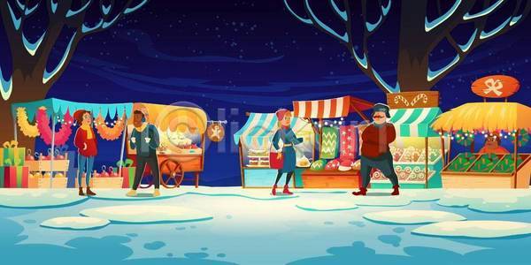 남자 성인만 여러명 여자 EPS 일러스트 해외이미지 거리 겨울 나무 디자인 부스 상인 상점 서기 선물 쇼핑 시장 야간 저녁 전등 축제 크리스마스 풍경(경치)