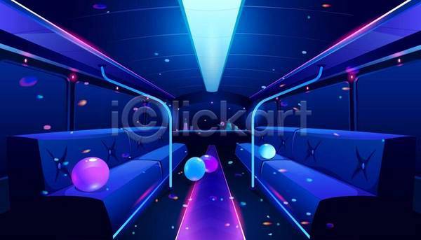 사람없음 EPS 일러스트 해외이미지 네온 반짝임 버스 빛 스카이라인 실내 의자 창문 파란색 파티