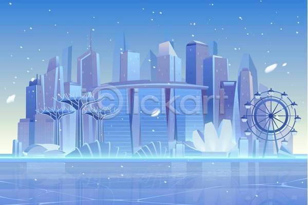 사람없음 EPS 일러스트 해외이미지 건물 건축양식 고층빌딩 눈내림 대관람차 백그라운드 스카이라인 얼음 파란색 풍경(경치)