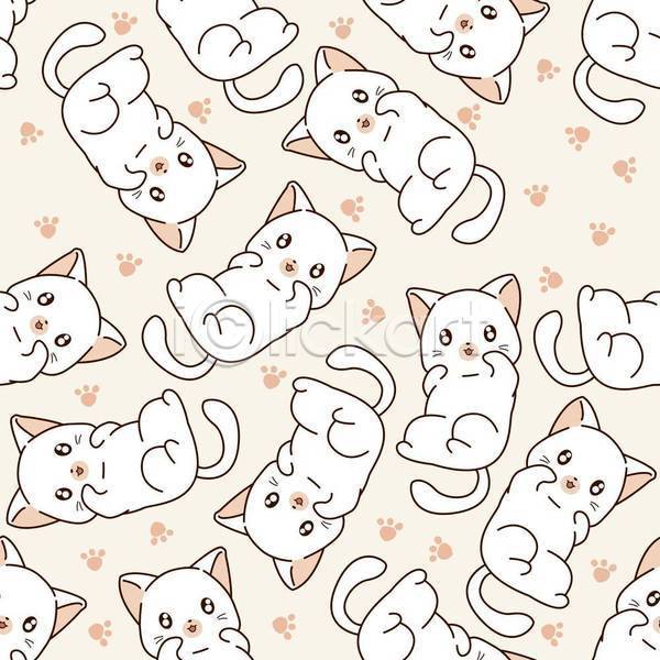 귀여움 러블리 사람없음 EPS 일러스트 해외이미지 고양이 눕기 동물캐릭터 발자국 여러마리 연분홍색 패턴 패턴백그라운드