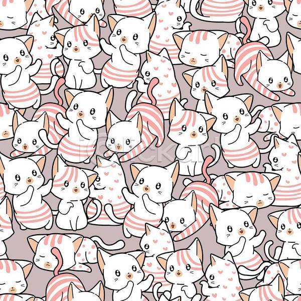 귀여움 러블리 사람없음 EPS 일러스트 해외이미지 고양이 기지개 동물캐릭터 앉기 여러마리 줄무늬 춤 패턴 패턴백그라운드 하트