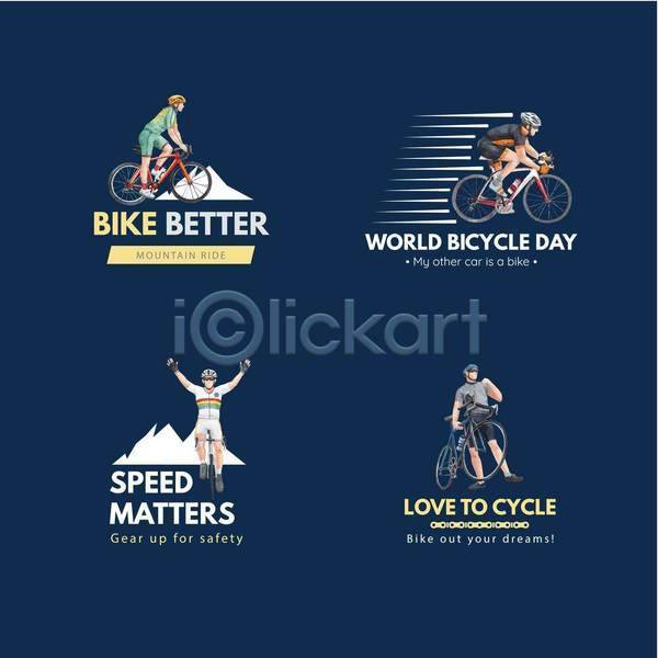 남자 성인 성인남자만 여러명 EPS 일러스트 해외이미지 만세 브랜딩 사이클링 사이클선수 서기 심볼 앉기 자전거 전신 타이포그라피 텍스트 파란색 헬멧