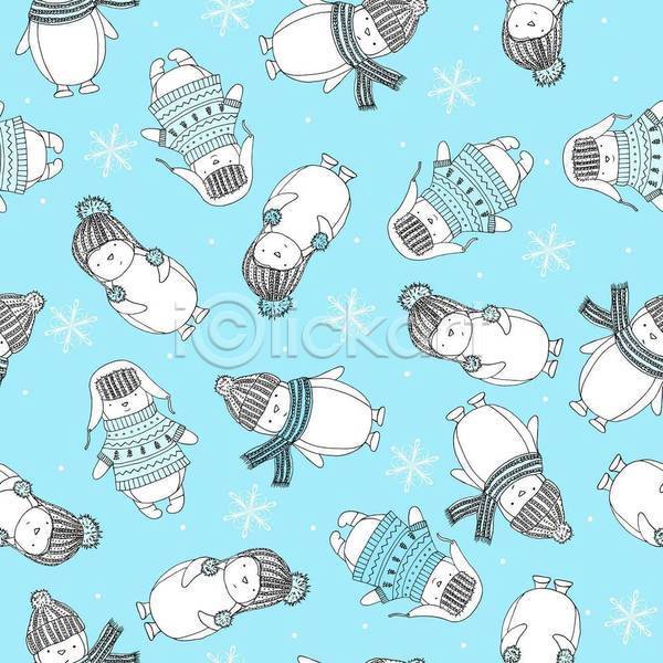 사람없음 JPG 일러스트 해외이미지 눈꽃무늬 눈송이 동물캐릭터 목도리 스웨터 여러마리 크리스마스 털모자 패턴 패턴백그라운드 펭귄 하늘색