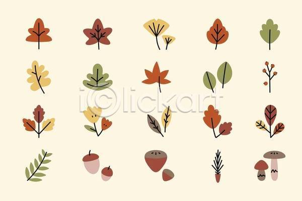 사람없음 EPS 일러스트 해외이미지 그림 꽃 단풍 도토리 백그라운드 버섯 세트 식물 은행잎 잎
