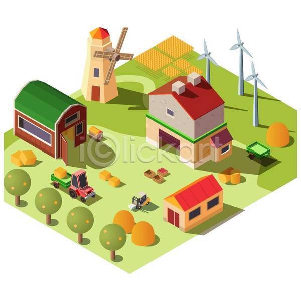 사람없음 EPS 일러스트 해외이미지 건물 나무 농장 시골 아이소메트릭 주택 지게차 창고 트랙터 풍력에너지 풍차