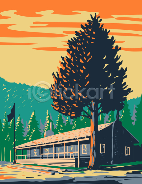 사람없음 JPG 포토 해외이미지 그림 나무 미국 오두막 와이오밍 자연 카툰스타일 풍경(경치)