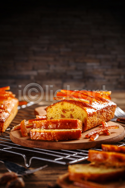 사람없음 JPG 포토 해외이미지 과일케이크 나무받침 마멀레이드 빵 슬라이스 오렌지껍질 조각 케이크 파운드케이크