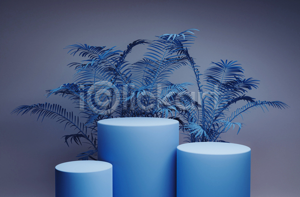 사람없음 3D JPG 디지털합성 포토 해외이미지 단상 야자수잎 오브젝트 원통형 파란색 회색배경