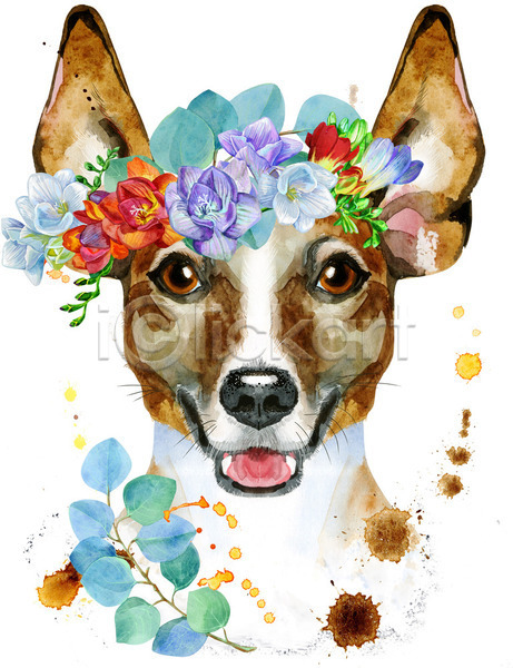 사람없음 JPG 일러스트 포토 해외이미지 강아지 개 꽃 디자인 미술 백그라운드 수채화(물감) 테리어 화관