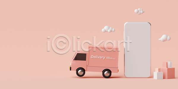 휴식 사람없음 3D JPG 포토 해외이미지 모바일쇼핑 배송 분홍색 상자 쇼핑 쇼핑백 스마트폰 탑차 택배 트럭