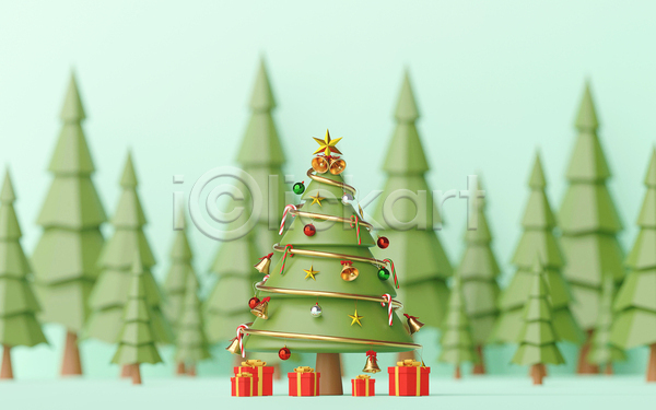 사람없음 3D JPG 디지털합성 포토 해외이미지 나무 선물상자 숲 연두색 오너먼트 지팡이사탕 크리스마스 크리스마스선물 크리스마스장식 크리스마스트리 황금종