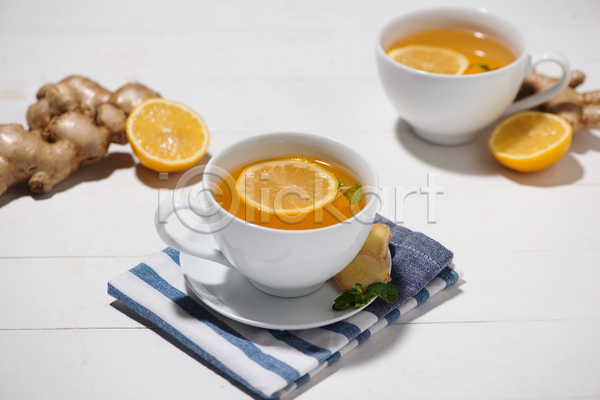 사람없음 JPG 포토 해외이미지 레몬 레몬차 생강 생강차 설탕 차(음료) 찻잔 흰배경