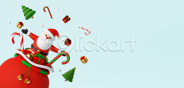 남자 노년 노인남자한명만 한명 3D JPG 디지털합성 포토 해외이미지 보따리 빨간색 산타클로스 상반신 선물상자 지팡이사탕 크리스마스 크리스마스트리 팔벌리기 하늘색 할아버지 황금종