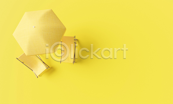 사람없음 3D JPG 디지털합성 포토 해외이미지 노란배경 노란색 비치의자 선베드 오브젝트 카피스페이스 파라솔