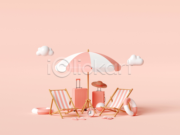 사람없음 3D JPG 포토 해외이미지 구름(자연) 분홍색 비치모자 비치볼 선베드 여름(계절) 자명종 쪼리 캐리어 튜브 파라솔