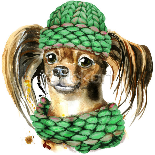 사람없음 JPG 일러스트 포토 해외이미지 강아지 개 디자인 목도리 미술 반려동물 수채화(물감) 털모자 테리어