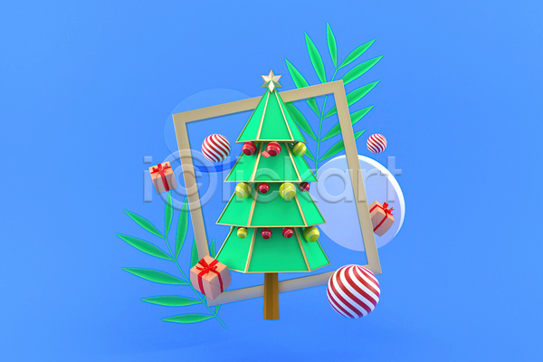 사람없음 3D JPG 디지털합성 포토 해외이미지 사각프레임 선물상자 원형 입체도형 잎 크리스마스 크리스마스선물 크리스마스트리 파란색