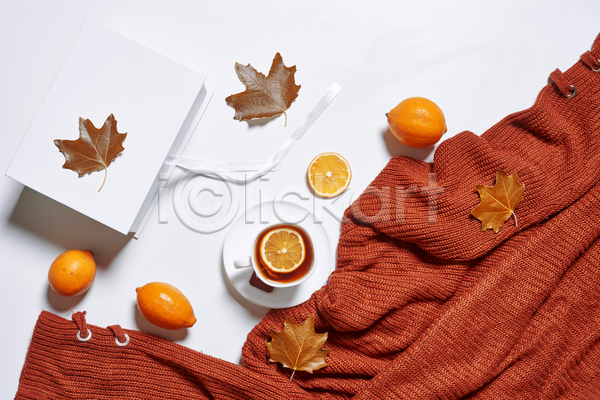 사람없음 JPG 포토 해외이미지 가을(계절) 낙엽 니트 단풍 레몬 스웨터 실내 오브젝트 차(음료) 책 흰배경