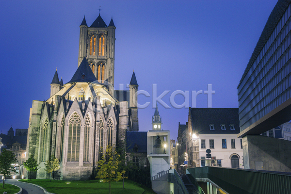 사람없음 JPG 포토 해외이미지 교회 도시 도시풍경 벨기에 새벽 아침 야외 하늘 해외풍경
