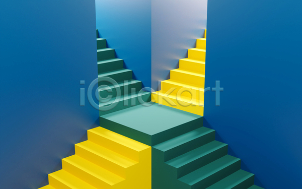 사람없음 3D JPG 디지털합성 포토 해외이미지 계단 노란색 오브젝트 초록색 파란배경