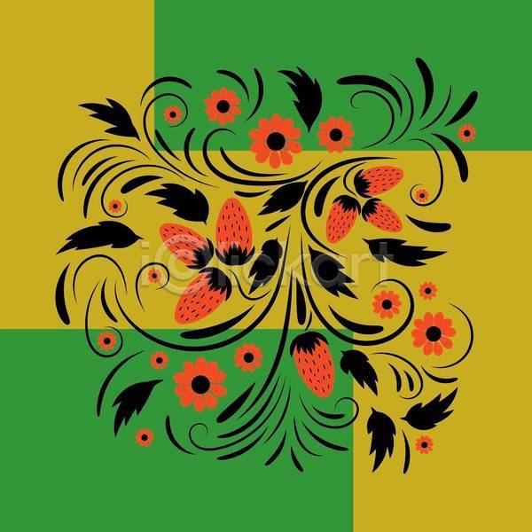화려 사람없음 EPS 일러스트 해외이미지 꽃 노란색 디자인 딸기 미술 민화 잎 초록색