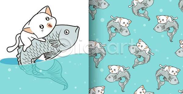 귀여움 러블리 사람없음 EPS 일러스트 해외이미지 고양이 동물캐릭터 바다 어류 여러마리 올라탄 잡기 패턴 패턴백그라운드 하늘색