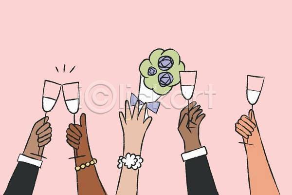축하 신체부위 EPS 일러스트 해외이미지 결혼 결혼식 기념 들기 들러리 디자인 부케 분홍색 샴페인 샴페인잔 손그림 잡기 카피스페이스 커플 파티 팔