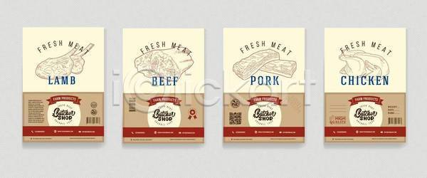 사람없음 EPS 일러스트 해외이미지 노란색 닭고기 돼지고기 라인아트 리본 세트 소고기 양고기 정육점 포스터