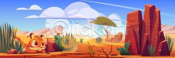 사람없음 EPS 일러스트 해외이미지 구름(자연) 나무 백그라운드 사막 사암 선인장 아프리카 엎드리기 풍경(경치) 한마리 호랑이