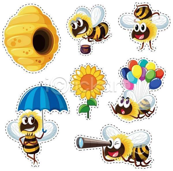사람없음 EPS 일러스트 해외이미지 곤충캐릭터 꿀단지 꿀벌 들기 망원경 매달리기 물구나무 벌집 세트 스티커 여러마리 우산 응시 풍선 해바라기