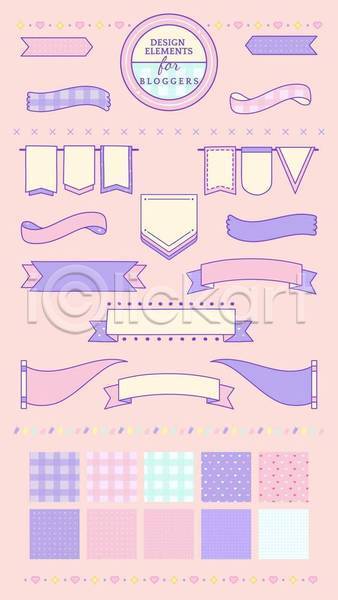 귀여움 사람없음 EPS 일러스트 해외이미지 깃발 디자인 리본 물방울무늬 보라색 분홍색 세트 아기자기 엘리먼트 체크무늬 추상