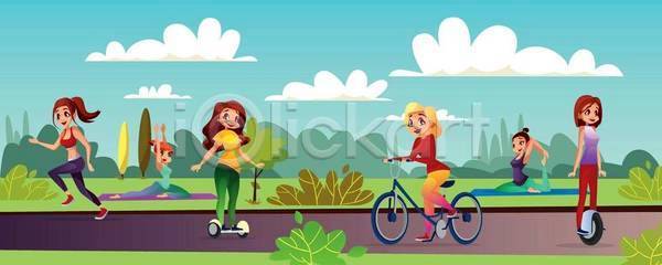 성인 성인여자만 여러명 여자 EPS 일러스트 해외이미지 건강 공원 달리기 라이프스타일 매트 스트레칭 요가 요가자세 운동 운동복 자전거 전동휠 전신 조깅