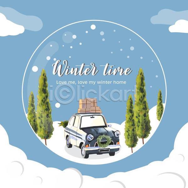 사람없음 EPS 일러스트 프레임일러스트 해외이미지 겨울 구름(자연) 나무 눈(날씨) 리스장식 상자 수채화(물감) 원형 자동차 프레임 하늘색